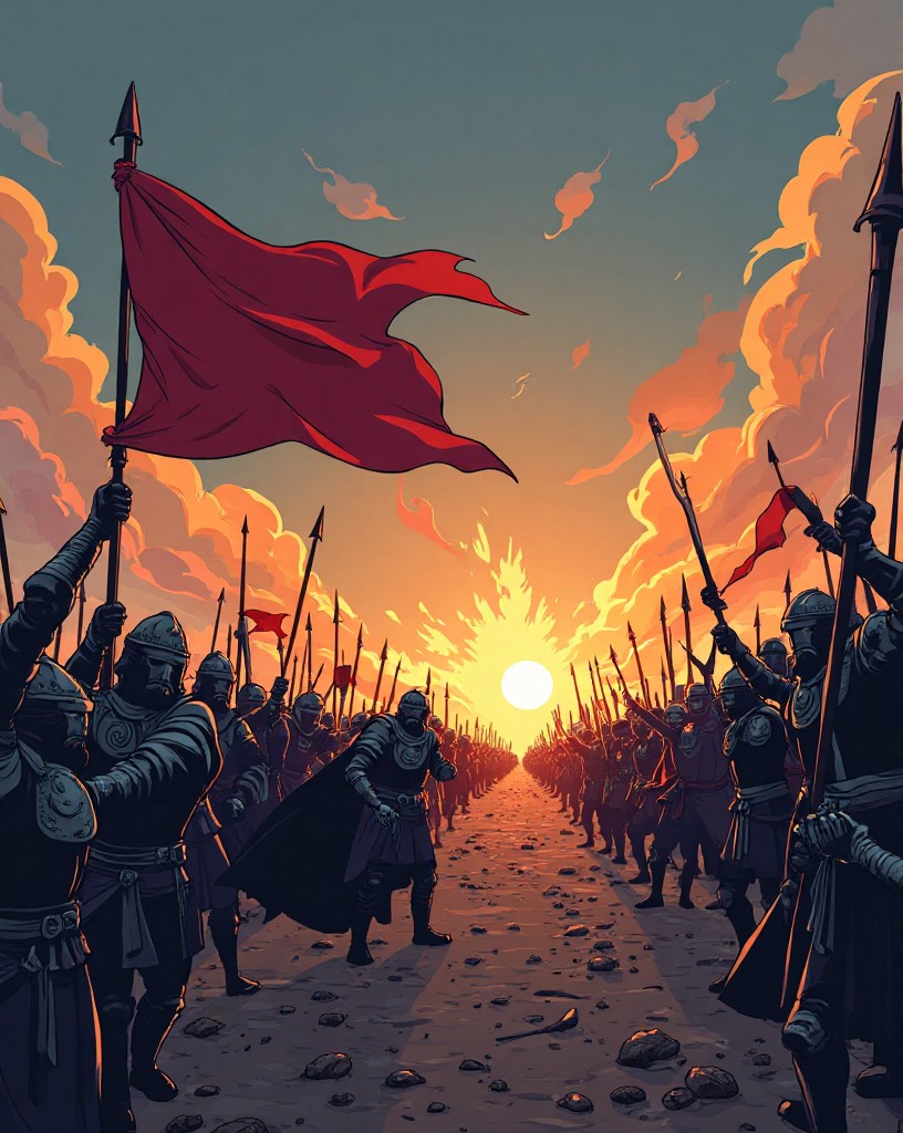 A king falling amid swirling battle at dusk, his banner toppling.