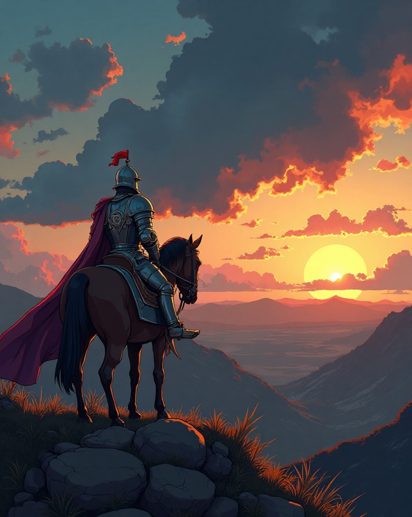 A victorious armored duke surveying the darkening battlefield from the ridge.