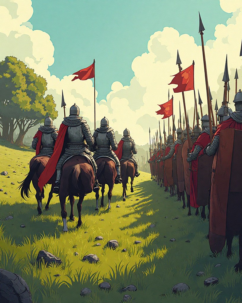 Norman knights charging up a slope toward a Saxon shield wall, cel-shaded comic art.