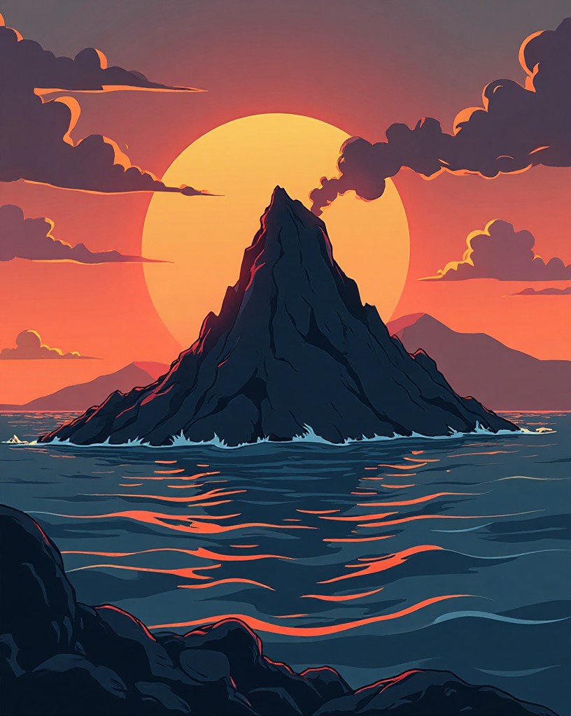 A small barren volcanic island with a brooding mountain seen from the sea.