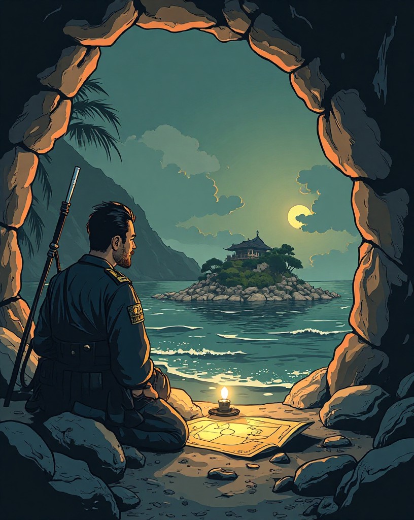 A Japanese general studying a map of the island inside a rock bunker.