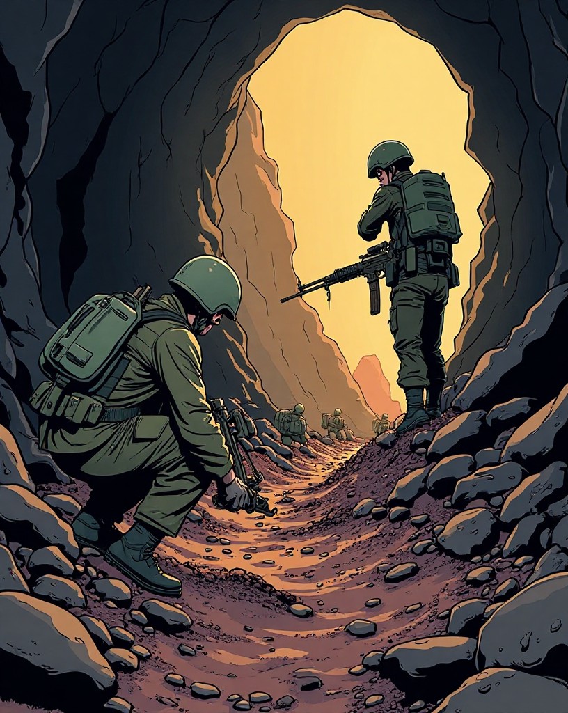Soldiers digging a network of tunnels and gun chambers inside volcanic rock.