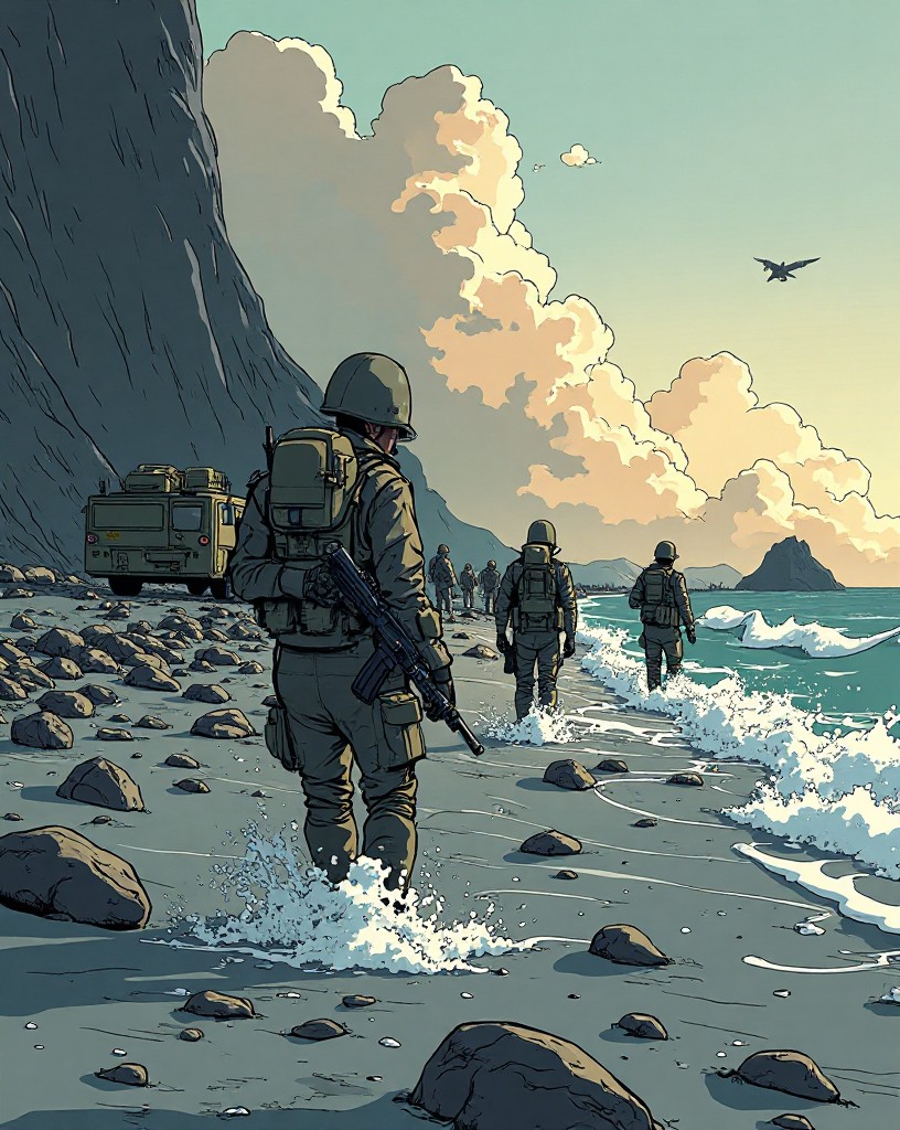 Marines wading onto a steep grey ash beach crowded with men and stalled vehicles.