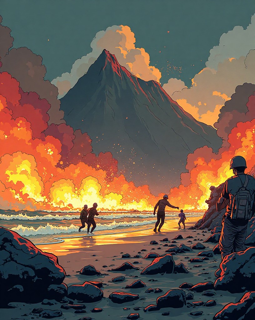 Explosions sweeping a packed ash beach as men dive flat beneath a looming mountain.