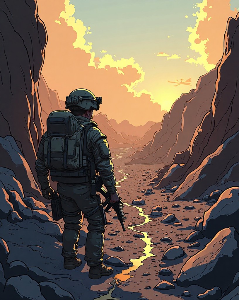A Marine pressed into an ash crater scanning a bare hillside for an unseen enemy.