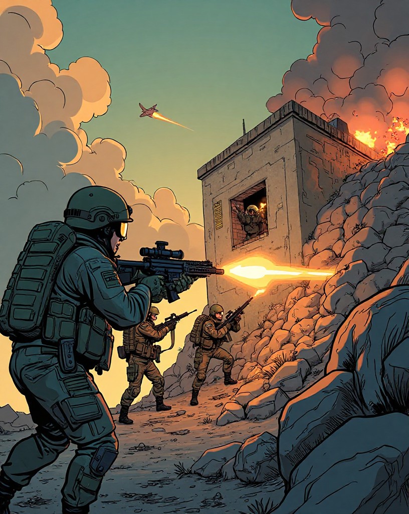Marines assaulting a concrete bunker on a rocky slope with flame and grenades.