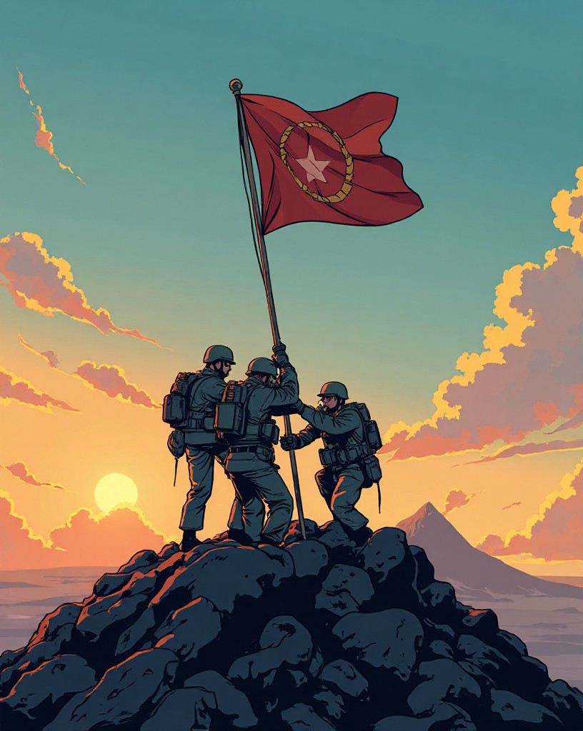 Marines straining together to plant a flagpole on a windswept volcanic summit.