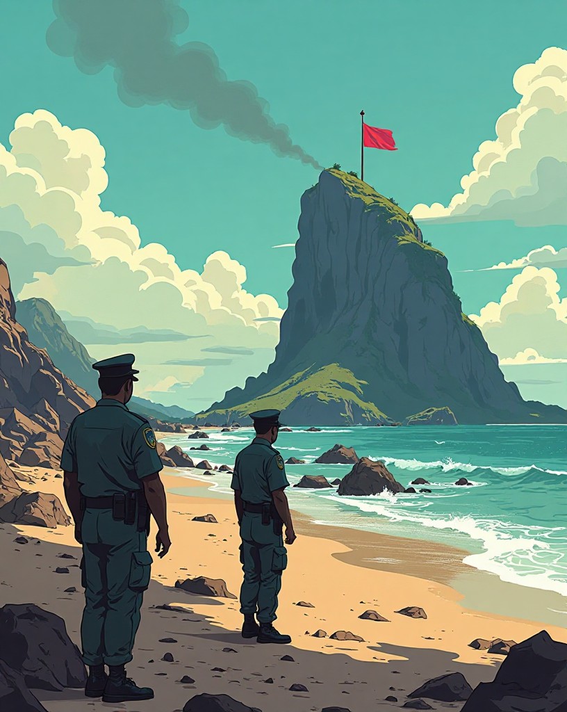 Officers on the beach looking up at the distant flag on the peak.
