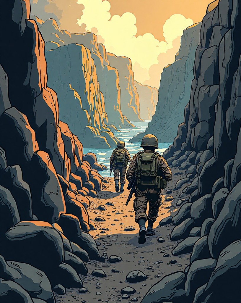 Marines advancing through a maze of jagged rocks and gullies under fire.