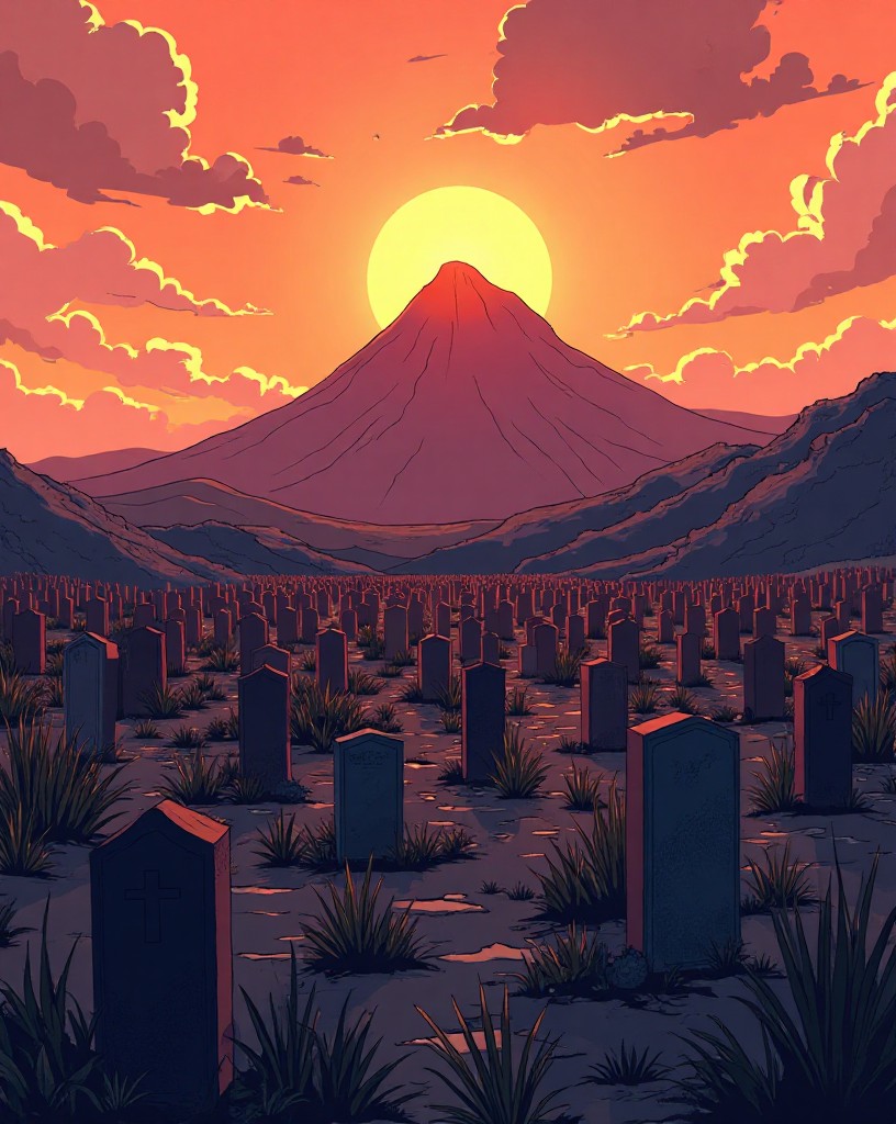 A vast field of grave markers on a bleak volcanic plain beneath the mountain.