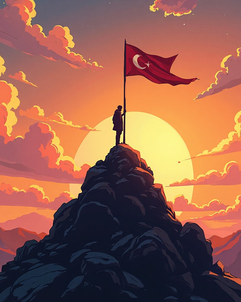 The flag flying on the summit at dawn over a quiet, scarred island.