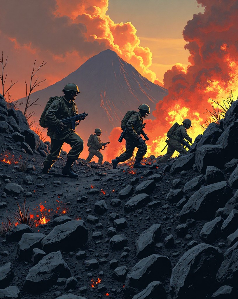 US Marines struggling up a black volcanic ash slope toward a looming mountain, cel-shaded comic art.