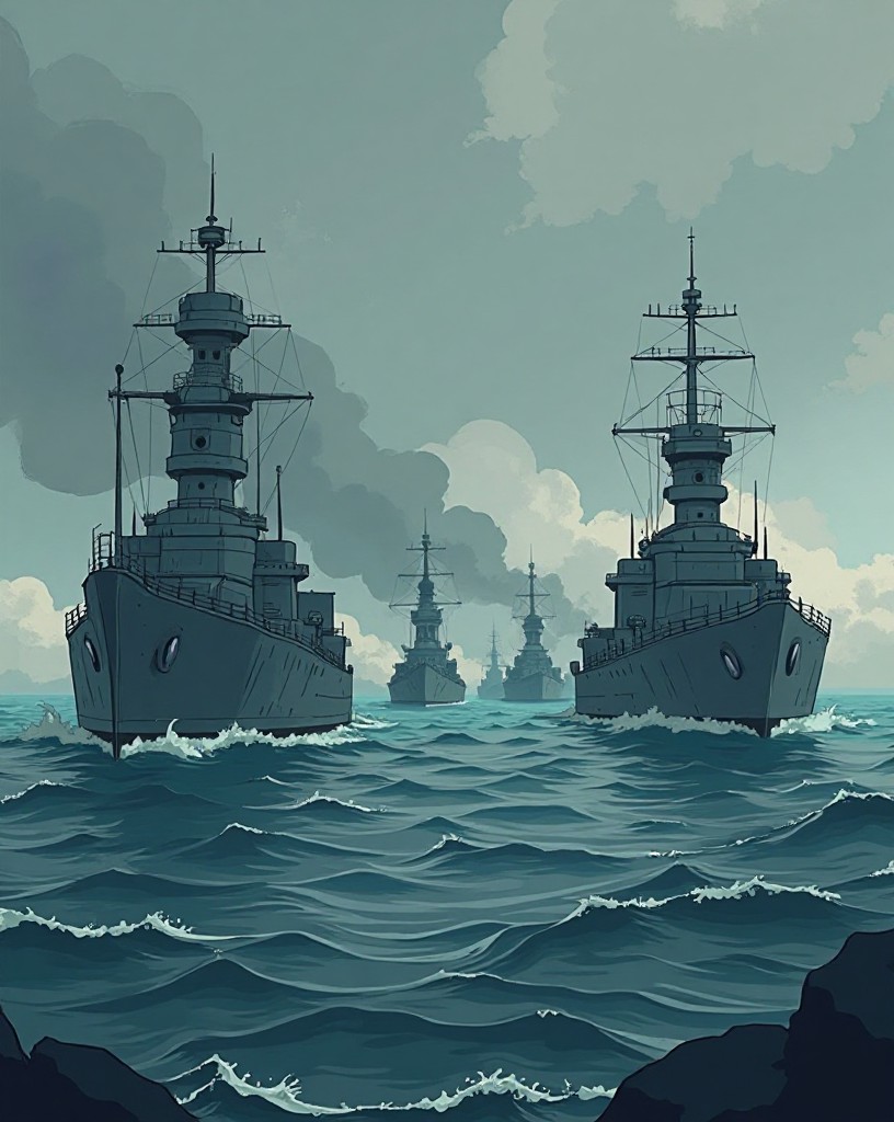 Rows of massive grey battleships at anchor in a misty harbor.