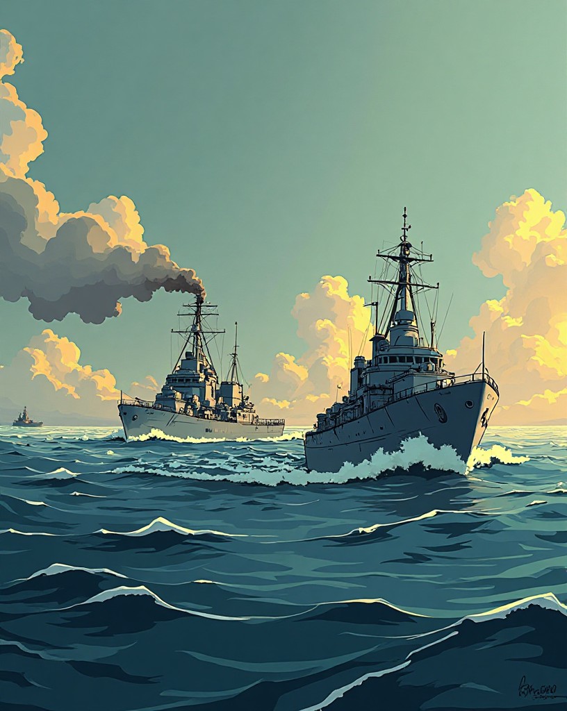Two enormous fleets steaming across a grey sea from opposite horizons.