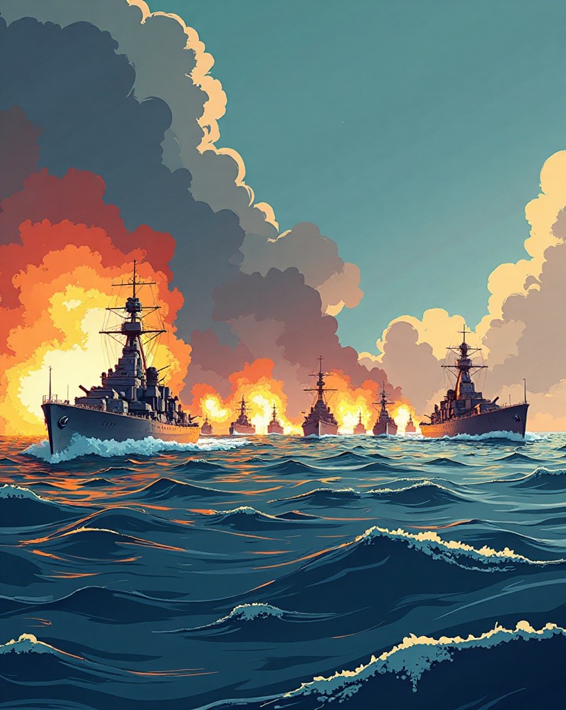 Battlecruisers firing at distant ships across open water, shell splashes rising.