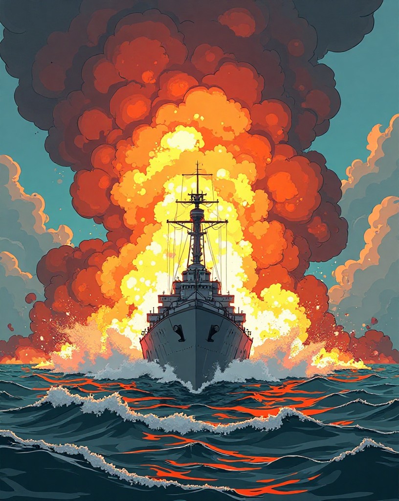 A great warship erupting in a colossal explosion on the grey sea.