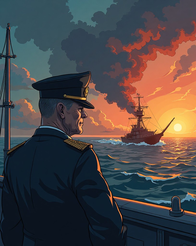 An admiral on a bridge watching distant smoke where a ship just was.