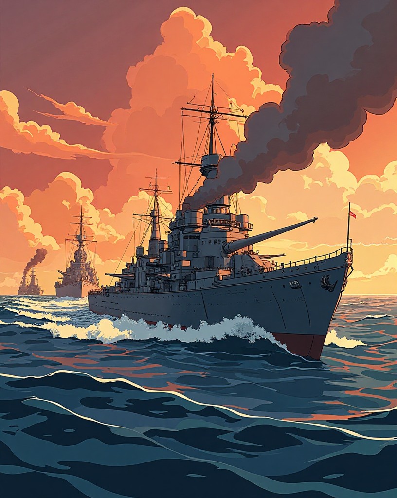 Battlecruisers steaming away, drawing pursuing ships toward an unseen line.