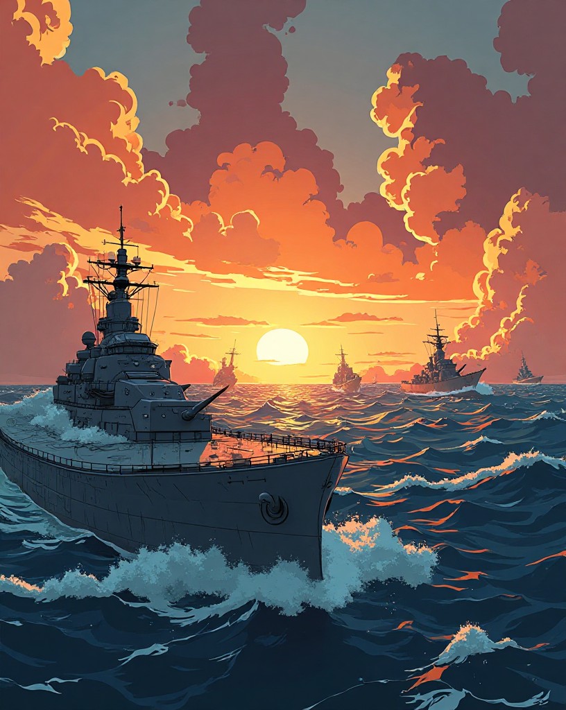 An immense line of battleships firing in unison at an approaching column.