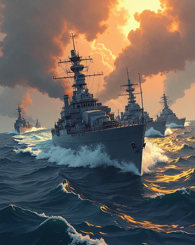 A column of warships turning sharply together amid smoke, vanishing into haze.