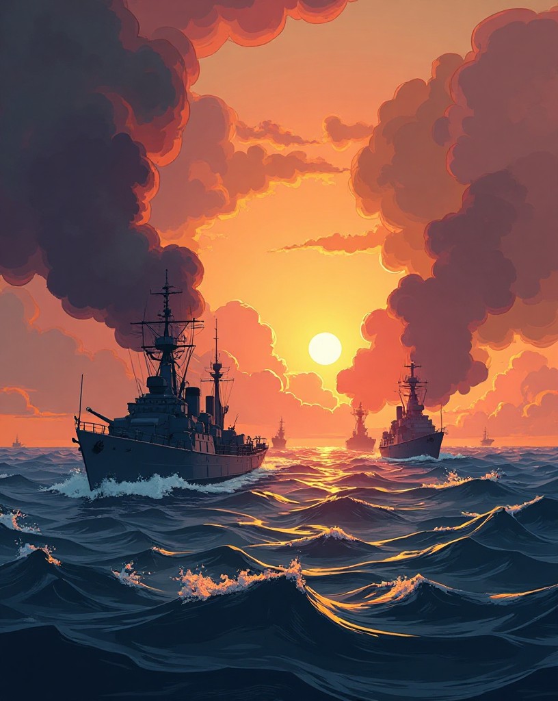 Destroyers laying smoke screens between battle lines at dusk as big ships loom.