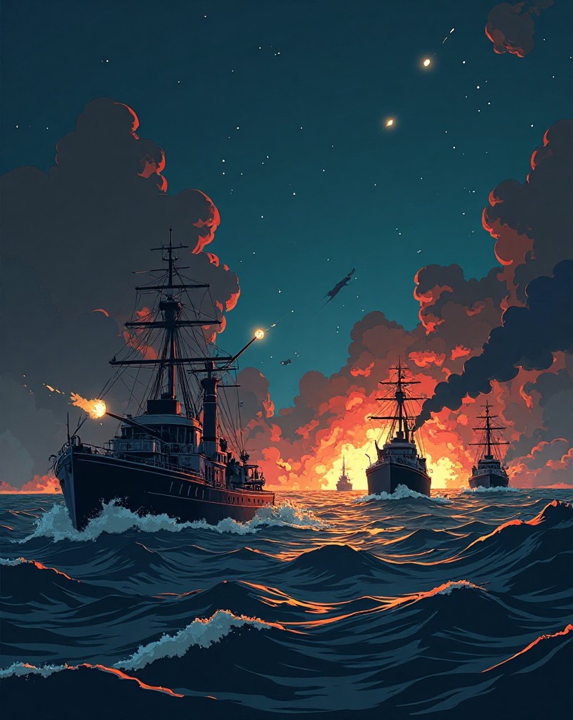 Ships firing at point-blank range in darkness, searchlights stabbing through the night.