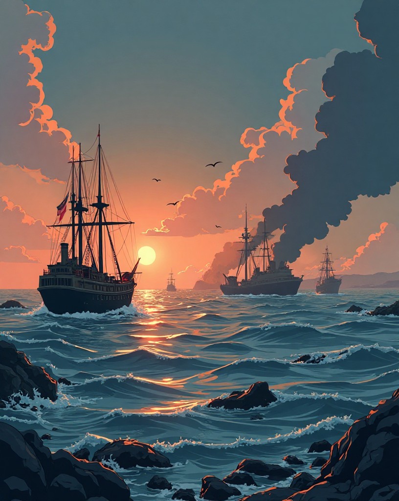 A grey empty sea at dawn with drifting smoke and debris, the fleets vanished.