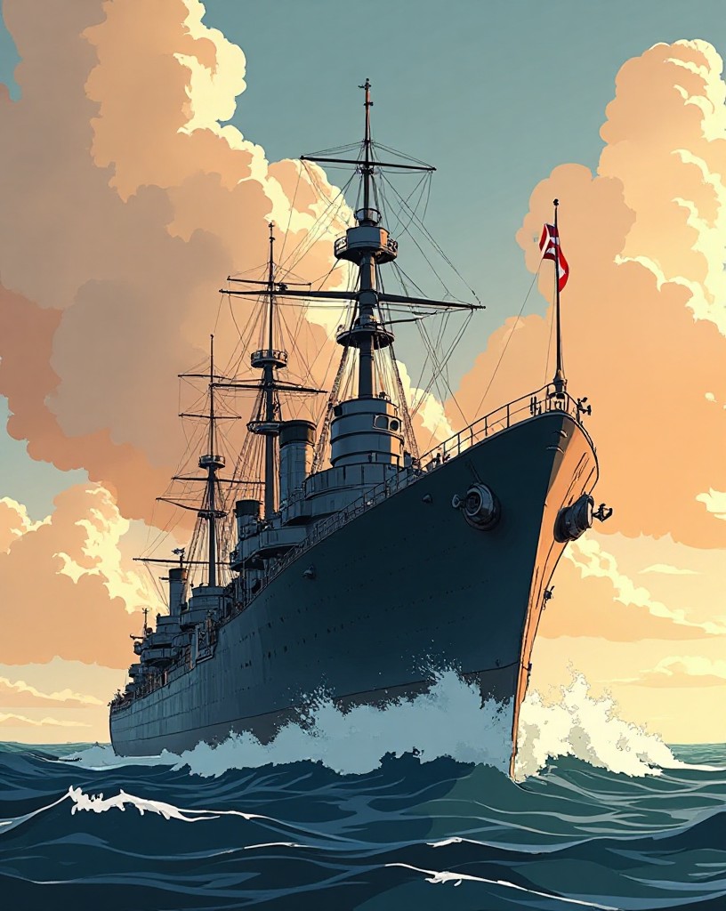 The British Grand Fleet steaming in proud formation under a clearing sky.