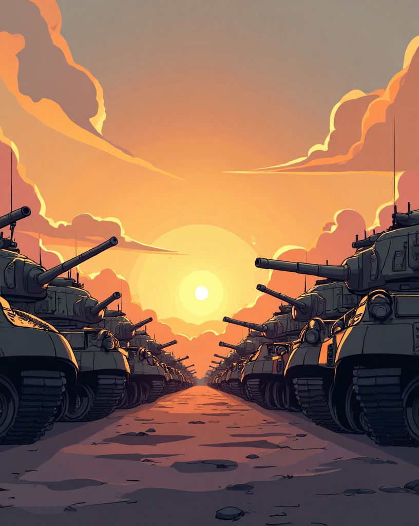 Rows of massive heavy tanks lined up in a staging area at dawn.
