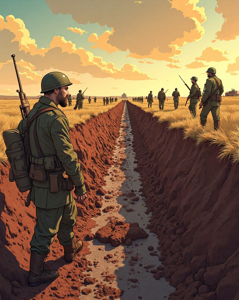 Soviet soldiers and civilians digging vast trench lines across open steppe.
