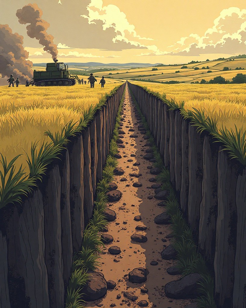 Layered defensive belts of trenches and minefields stretching deep across farmland.