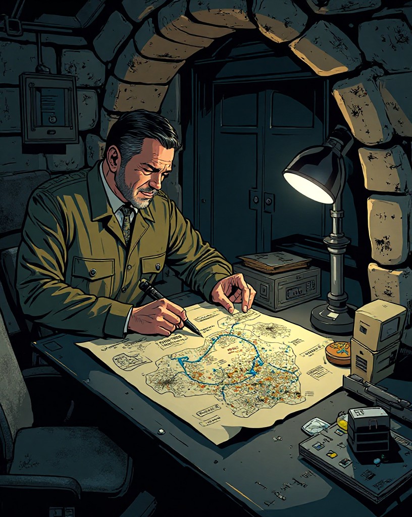 A commander at a map in a bunker tracing the defensive belts.