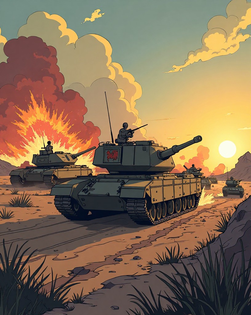 Heavy tanks advancing as mines detonate and anti-tank guns fire from hidden pits.