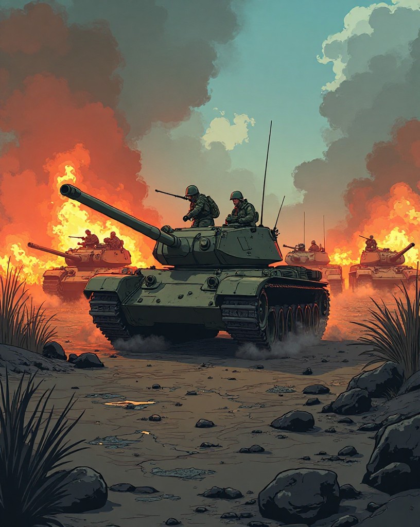 A battlefield strewn with burning tanks as more push slowly through smoke.