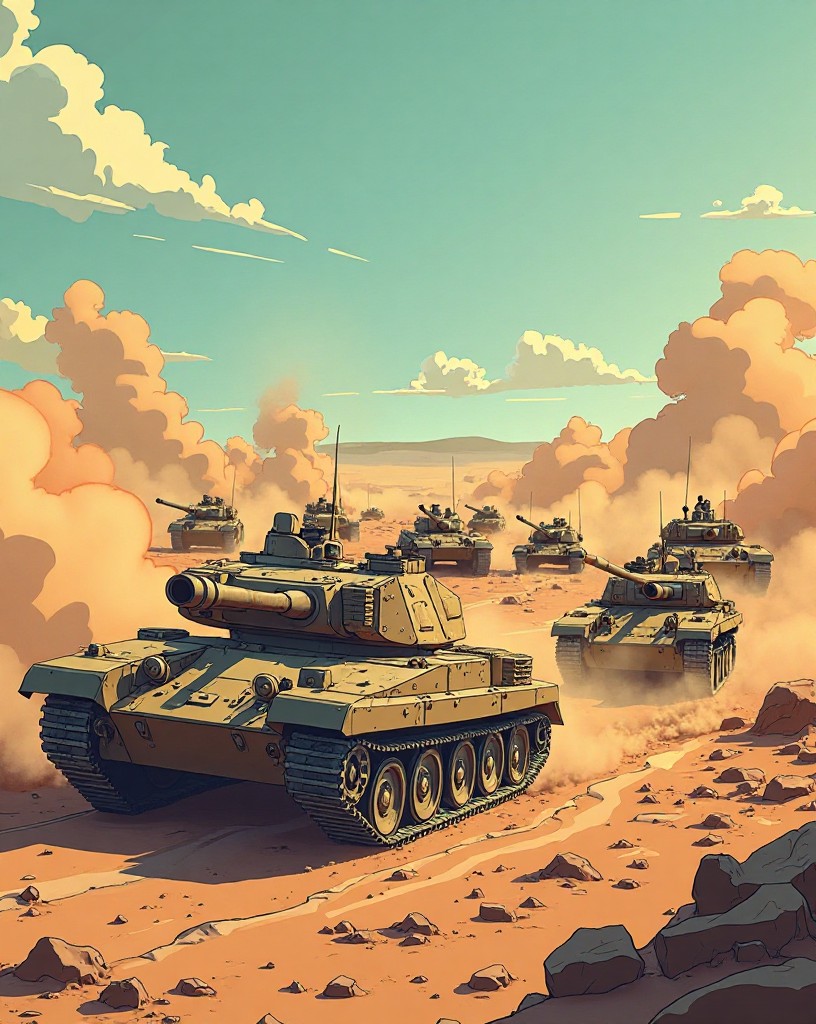 A chaotic close-range melee of hundreds of tanks across a dusty plain.