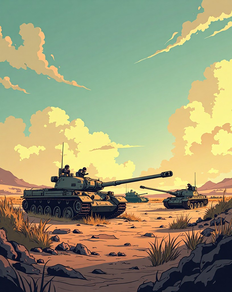 A vast plain littered with smoking tank wrecks under a hazy summer sky.