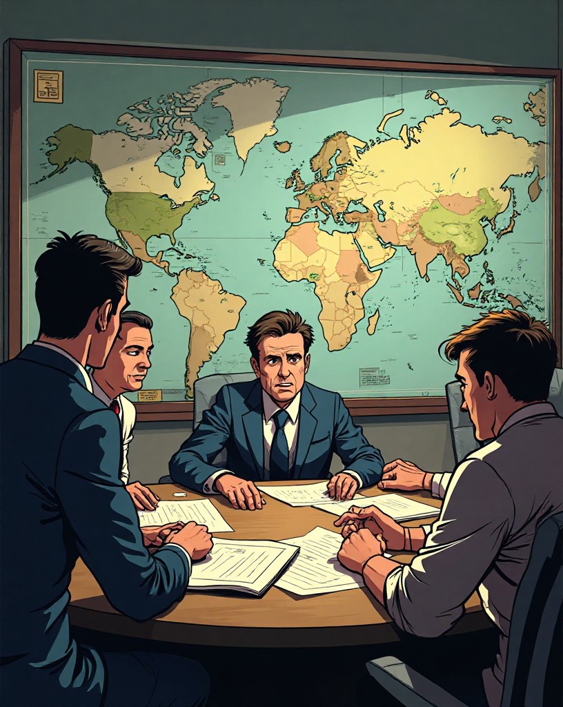 A worried headquarters staff receiving urgent news over a map.