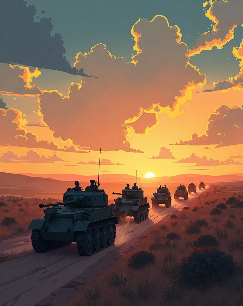 Long columns of German vehicles retreating west across the steppe at dusk.