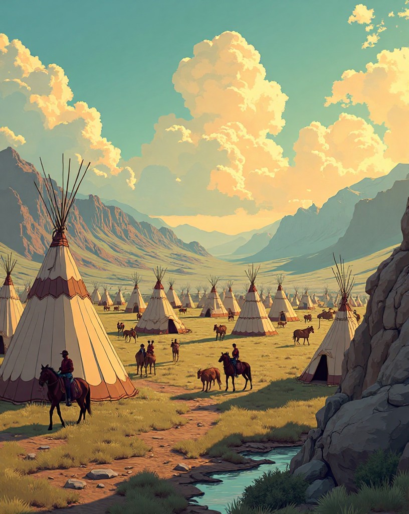 A vast encampment of hundreds of tipis spread along a river valley.