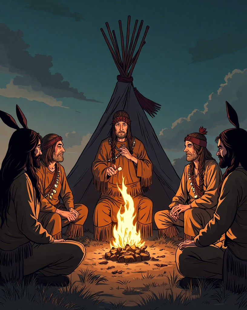 Plains leaders in a council, an elder speaking by firelight in a tipi.