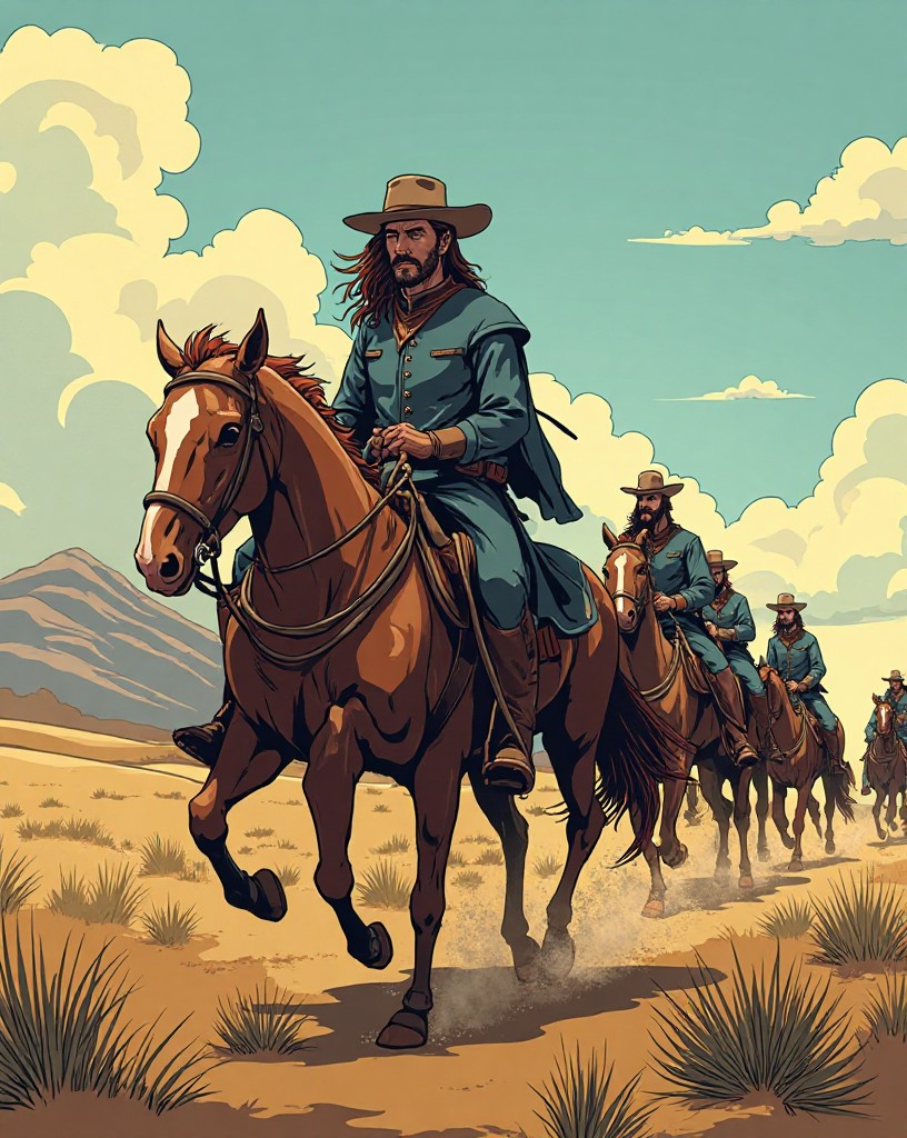 A cavalry officer in buckskin leading a blue-coated column across the plains.