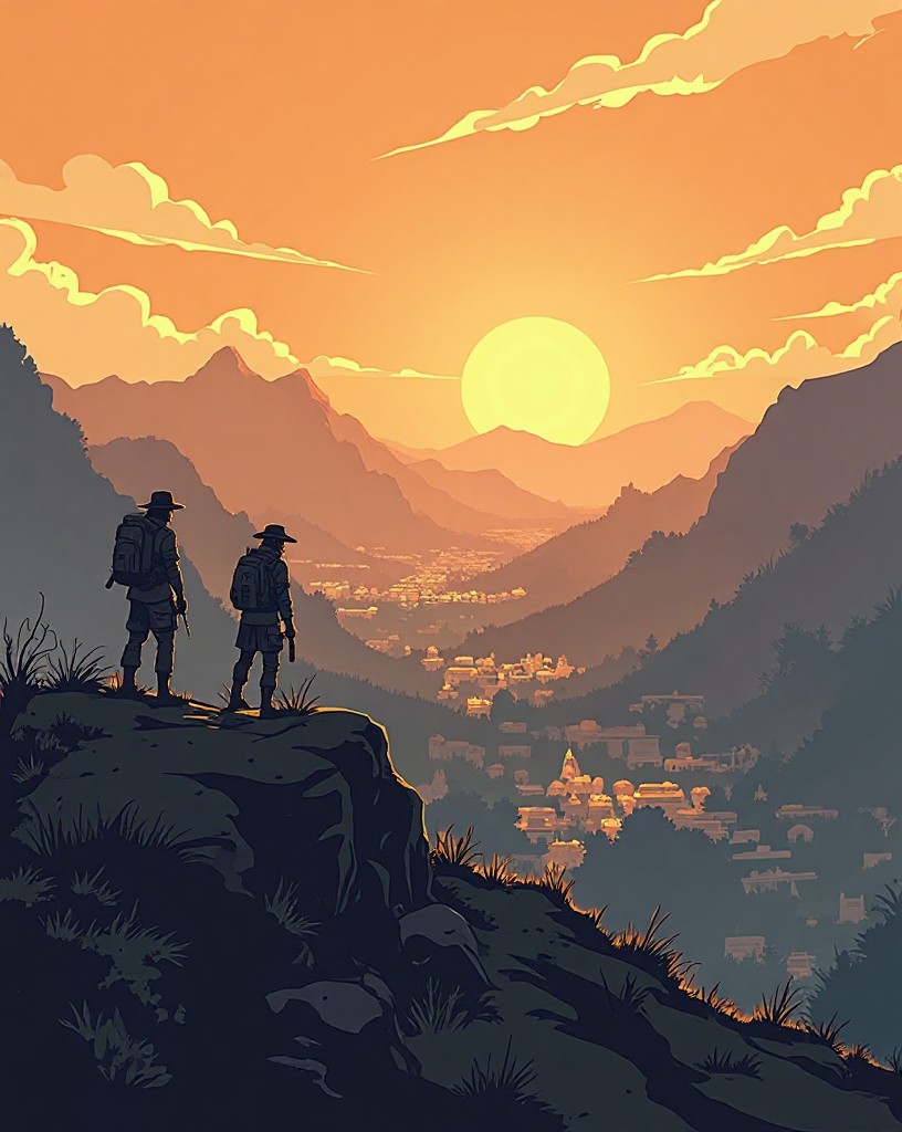 Scouts on a ridge pointing down at a hazy, sprawling encampment in the valley.