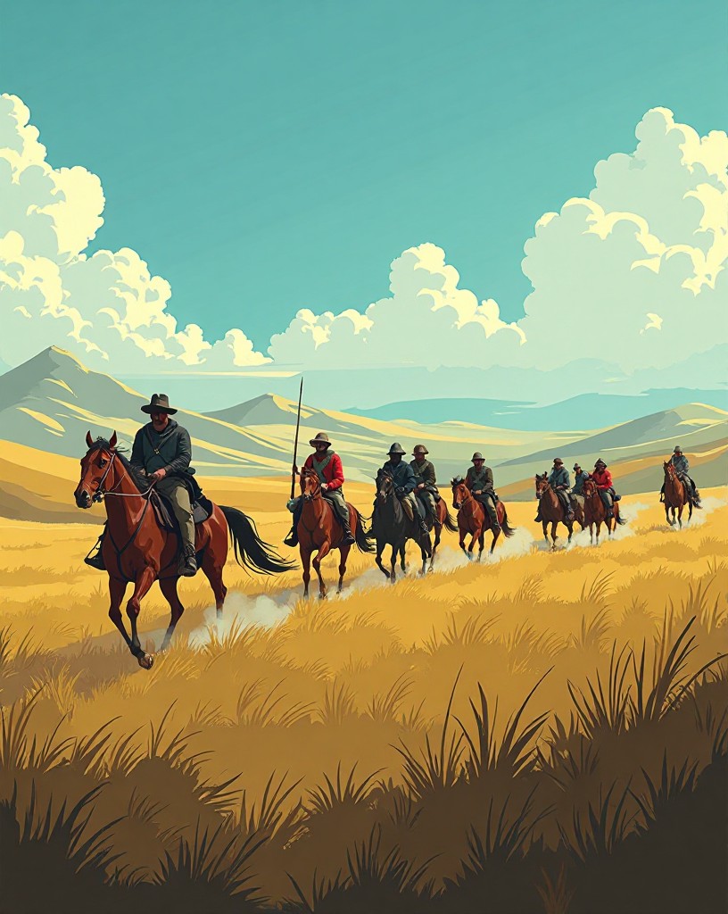 Small separate cavalry columns riding apart across vast grassland.