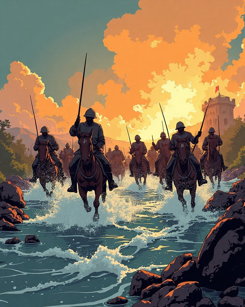 Cavalry retreating across a shallow river under fire as warriors pursue.