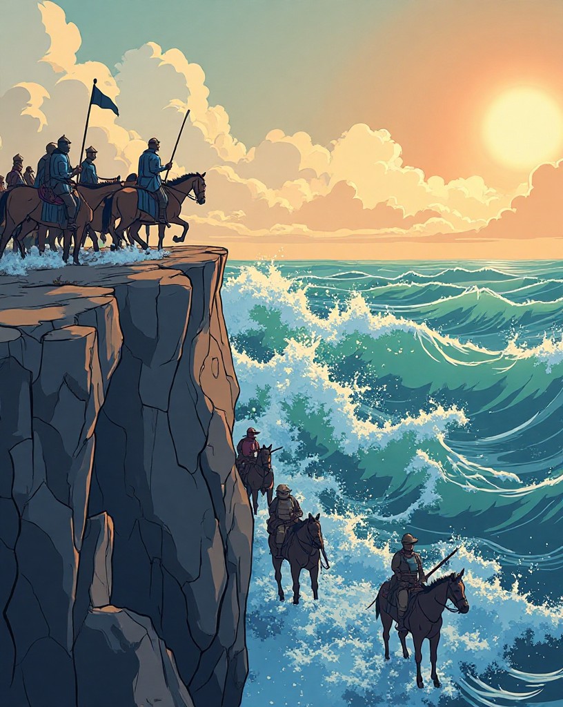 A small cavalry column on bluffs as a great wave of mounted warriors rises.