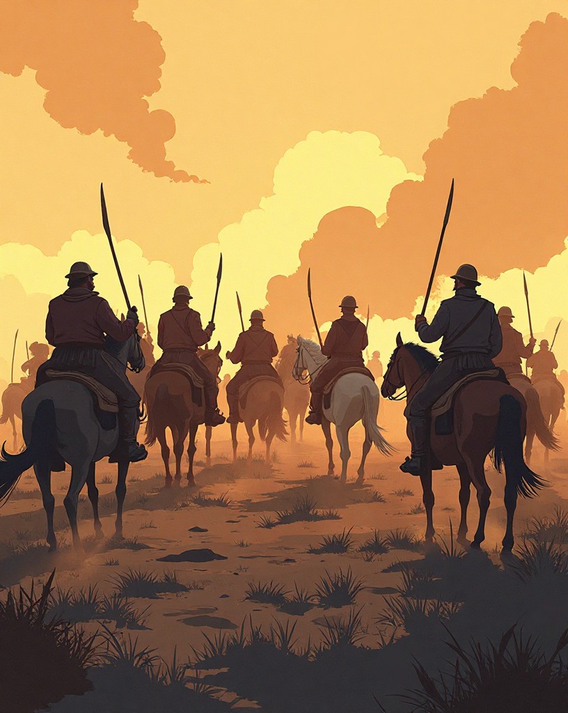 Dismounted soldiers in a shrinking ring on a bare hilltop, encircled by riders.