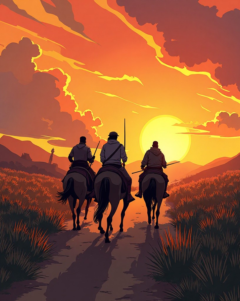 Warriors riding back toward their village at sunset, triumphant but watchful.