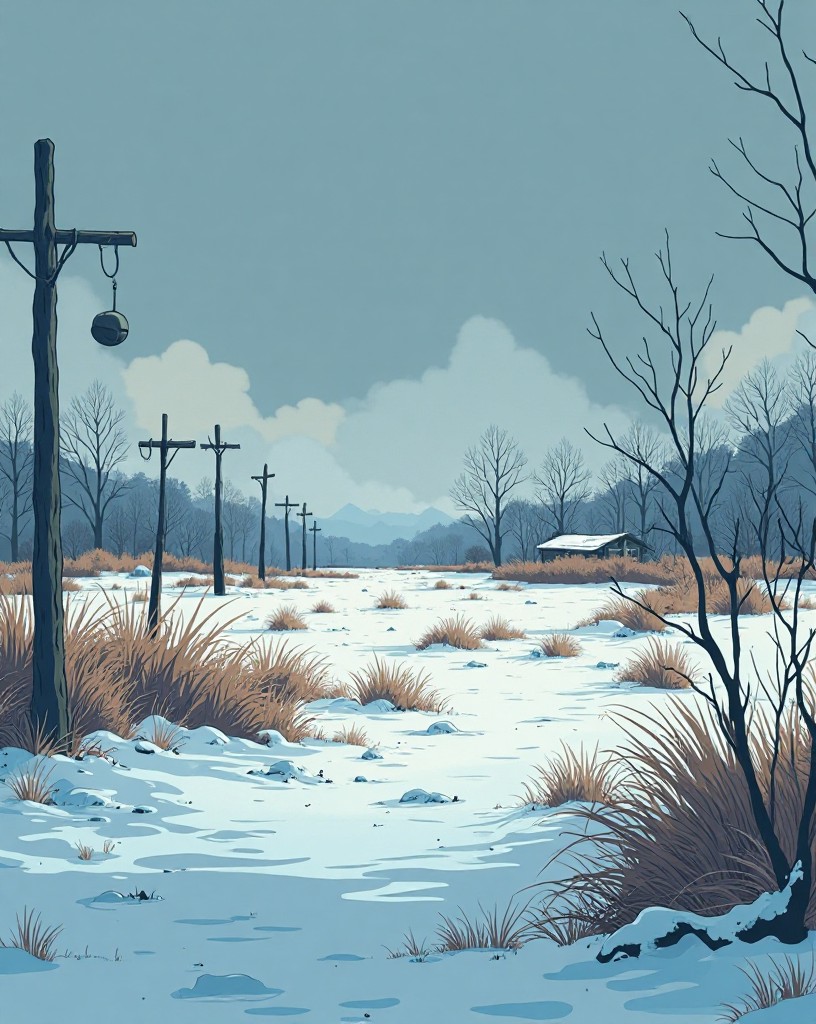 An empty winter plain where a great camp once stood, a few abandoned poles.