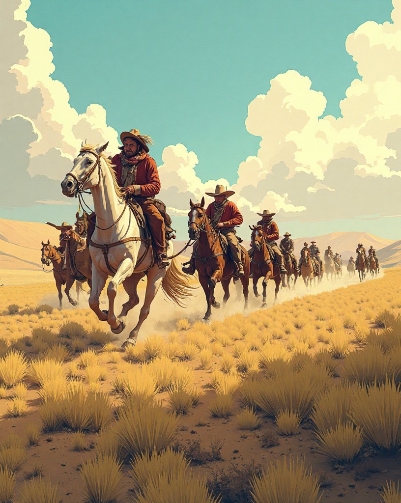Mounted Plains warriors charging across a grassy ridge toward cavalry, cel-shaded comic art.
