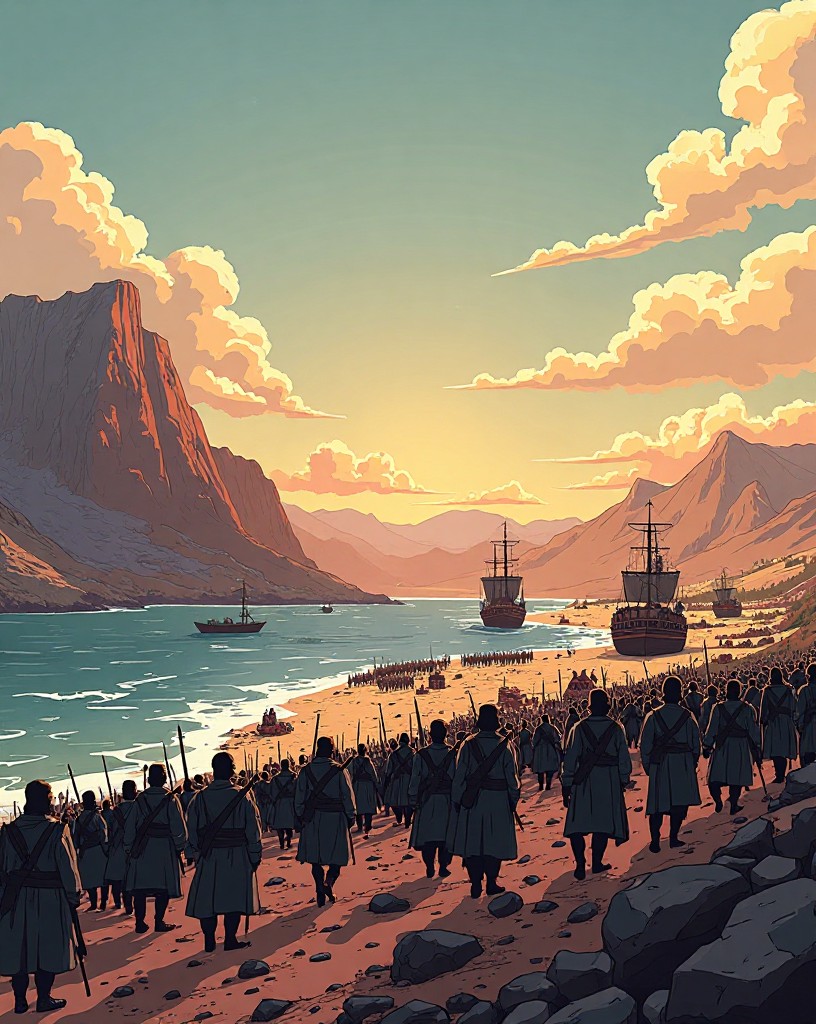 A great fleet disgorging troops onto a coastal plain, a vast army assembling.